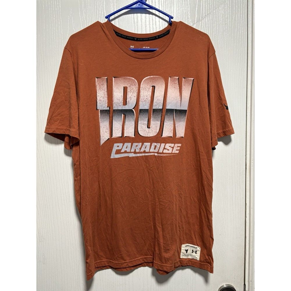 UA Project Rock Iron Paradise Training Dept Shirt Mens Large Orange Under Armour